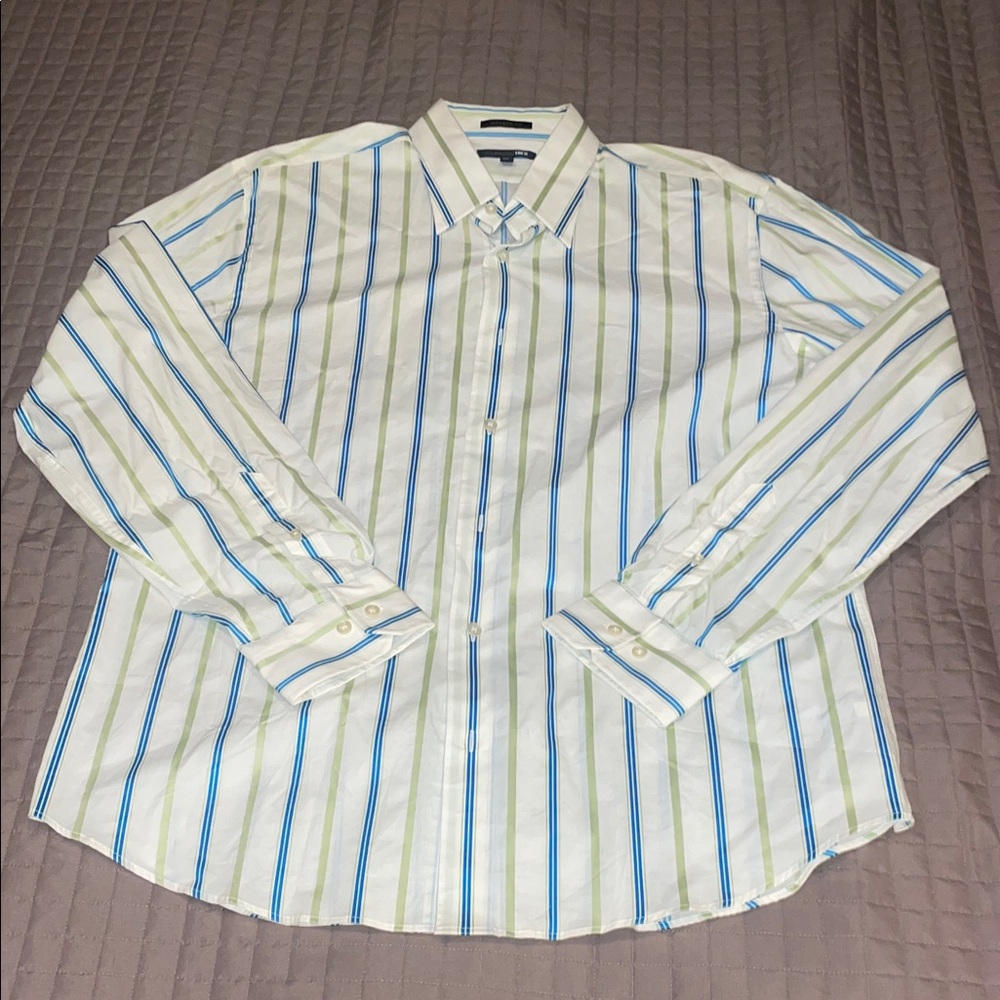 Express Men's Casual Shirt - White with Blue and Green Stripes